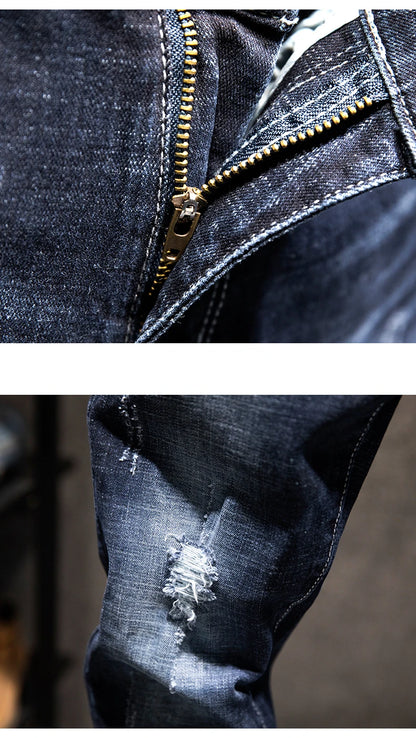 2025 New Ripped Jeans Men Slim-fit Denim Pants Cotton Korean Style Fashion Elasticity Versatile Blue Black Men's Clothing.