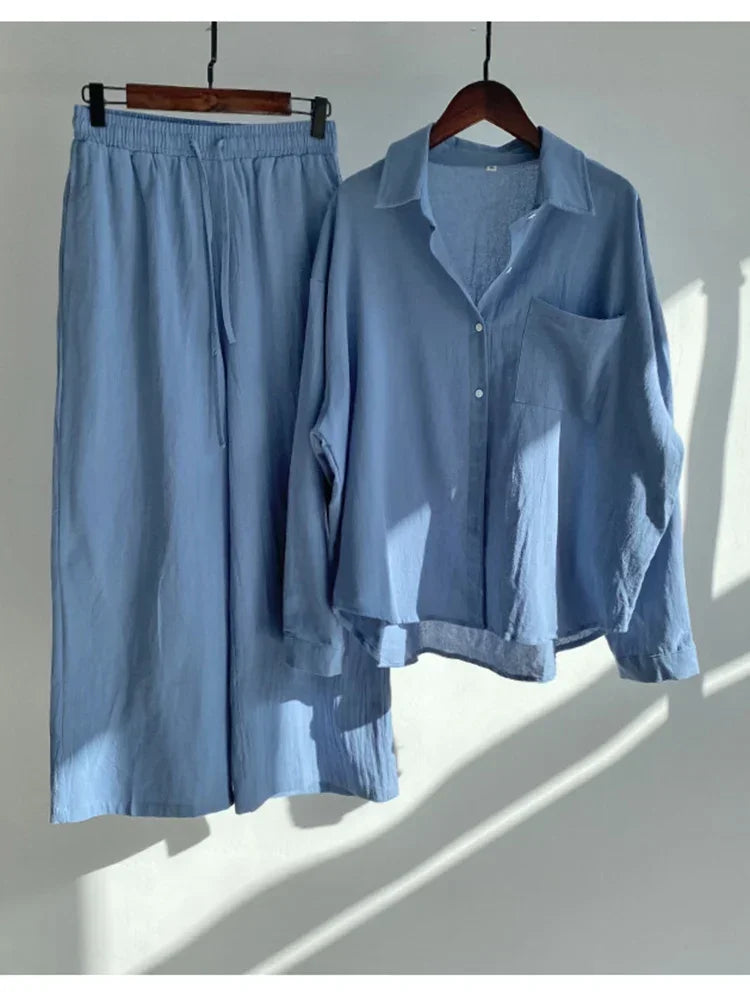 Pants Set Women Shirts Wide Leg Elastic Waist Cotton Linen Casual Sets Elegant Loose Long Sleeve Lapel Spring Shirt Y2k Suit