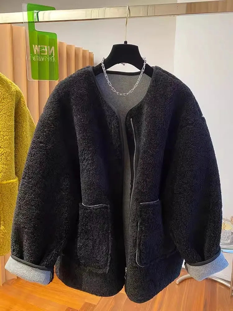 Hochwertige Lammwolljacke für Damen, lockerer warmer Samtmantel, 2025, neuer Frühling und Herbst, große Taschen, modische Oberbekleidung, M-3XL.