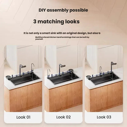 Household Intelligent Stainless Steel Kitchen Sink Digital Display Waterfall Wash Dish Basin Honeycomb Emboss Large Single Slot