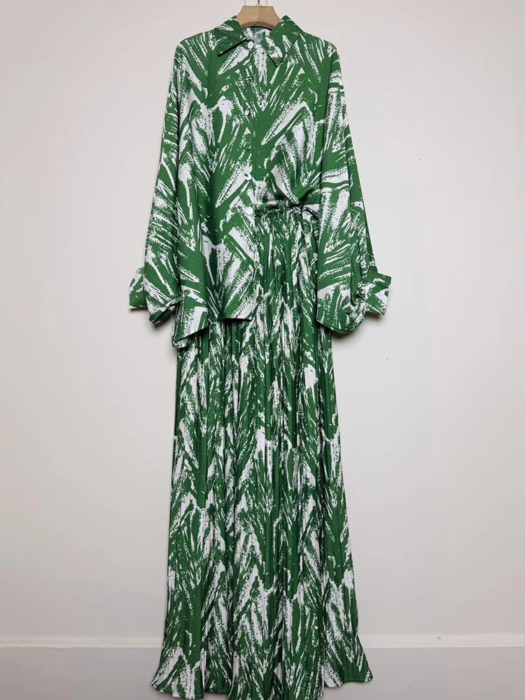 Designer's retro geometric print loose shirt two-piece set for Spring 2025 women's wear + pleated wide-leg pants fashion set.