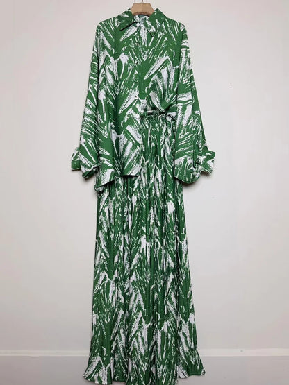 Designer's retro geometric print loose shirt two-piece set for Spring 2025 women's wear + pleated wide-leg pants fashion set.