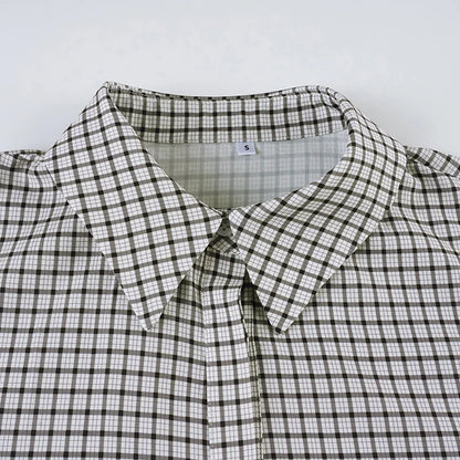 2025 Autumn Winter Women Vintage Long Sleeve Checkered Shirt Design Crop Blouse Y2k 2000s Top Stylish High Street Gyaru Coquette.