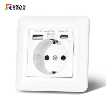 SRAN USB-Wandsteckdose, 20 W, schnelles Laden und 5 V, 2 A, EU-Standard, 82 x 82 mm, flammhemmendes PC-Panel, USB-Typ-C-Kombination.