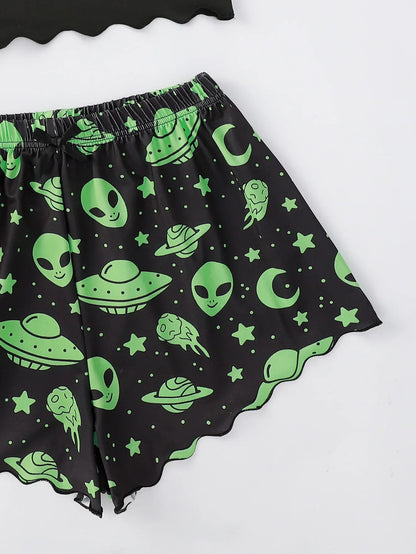 Sommer-Pyjamas für Damen, sexy Alien-Druck, Schlinge, Nachtwäsche, V-Ausschnitt, Pyjama, Homewear, ärmellos, niedliches Top und Shorts-Sets.