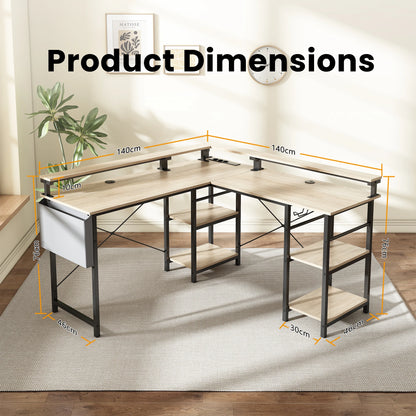 Großer Eckschreibtisch L-Form mit Regal, Monitorständer, Ablage, flexibel montierbar, Beige