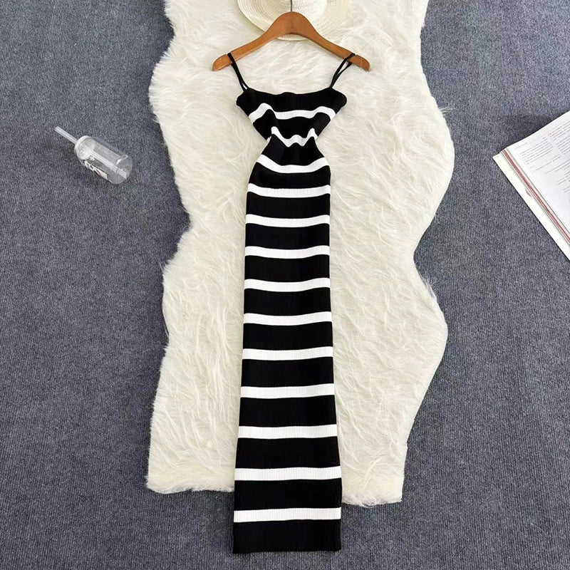 Sommer Streifen Elastische Bodycon Strap Kleid 2024 Sexy Strand Sommerkleid Frauen Beiläufige Dünne Bleistift Vestidos Maxi Langes Kleid.