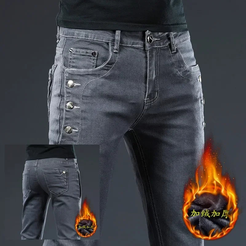 Winter Thick Plus Velvet Men Middle Waist Skinny Jeans Simple Fleece Warm Slim Fit Stretch Boy Casual Denim Pencil Pants.
