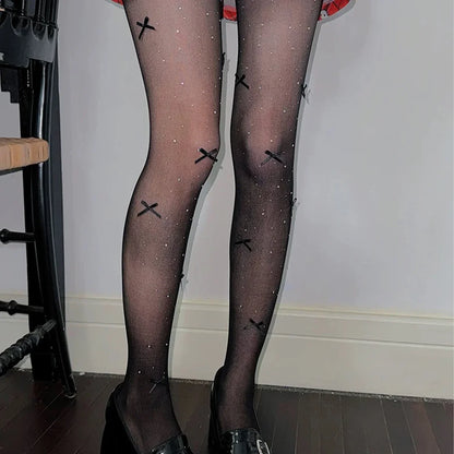 New Lolita Velvet Bowkont Embroidery Pearl Tights Pantyhose Flash Diamond Women Tight JK Style Sweet Girls Kawaii Cute Stockings.