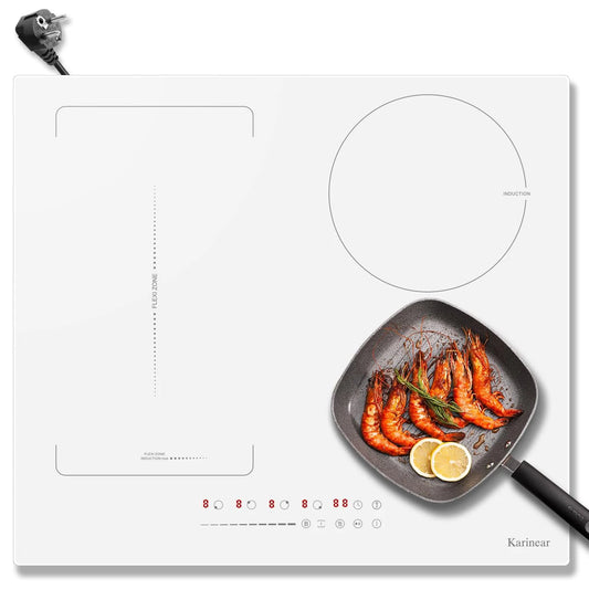 Karinear Induction Hob 4 Zones with Plug, 59CM, 3500W, White Ceramic Glass, Combination Zones, Sliding Controls, 9 Power Levels.