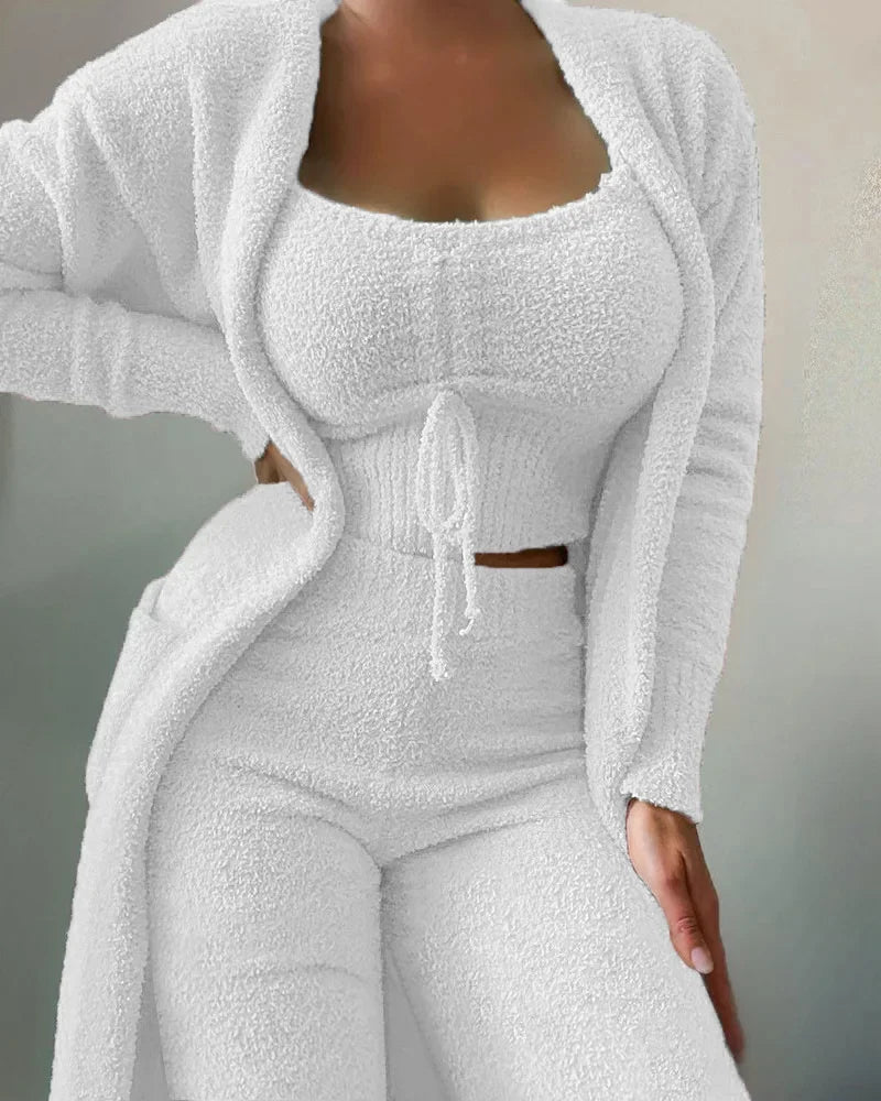 Women's Winter New Fashion Plush Pajamas Three-piece Set，Halter Short Top+high-waisted Straight-leg Pants+long Cardigan Jacket.