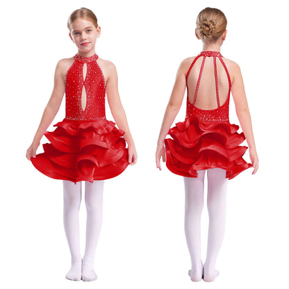 Eiskunstlauf-Kostüm für Teenager-Mädchen, lateinamerikanischer Tanz, Cha-Cha, Tango, Performance-Tanzbekleidung, ärmelloses, gestuftes Kleid mit Strasssteinen