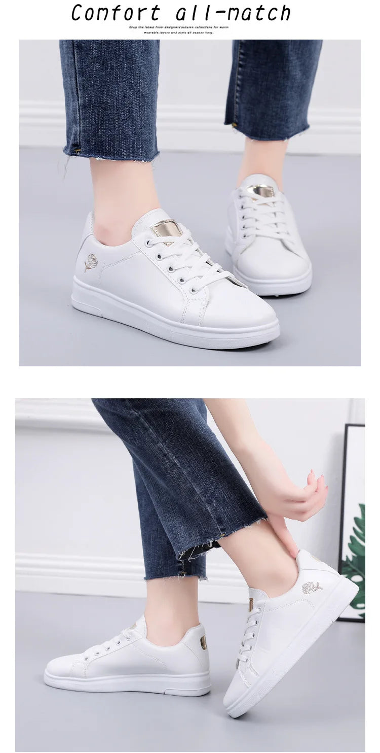 Spring Women Casual Shoes White Breathable Embroidered Flower Lace-Up Women Sneakers Fashion Korean version Women Tennis shoes.