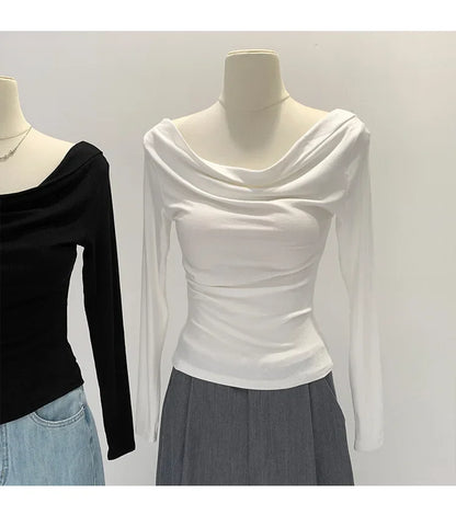 Off-The-Shoulder Long Sleeve T-Shirt Women's Early Autumn New Slimming Design Korean Style Sweet And Spicy Fashion Tops.