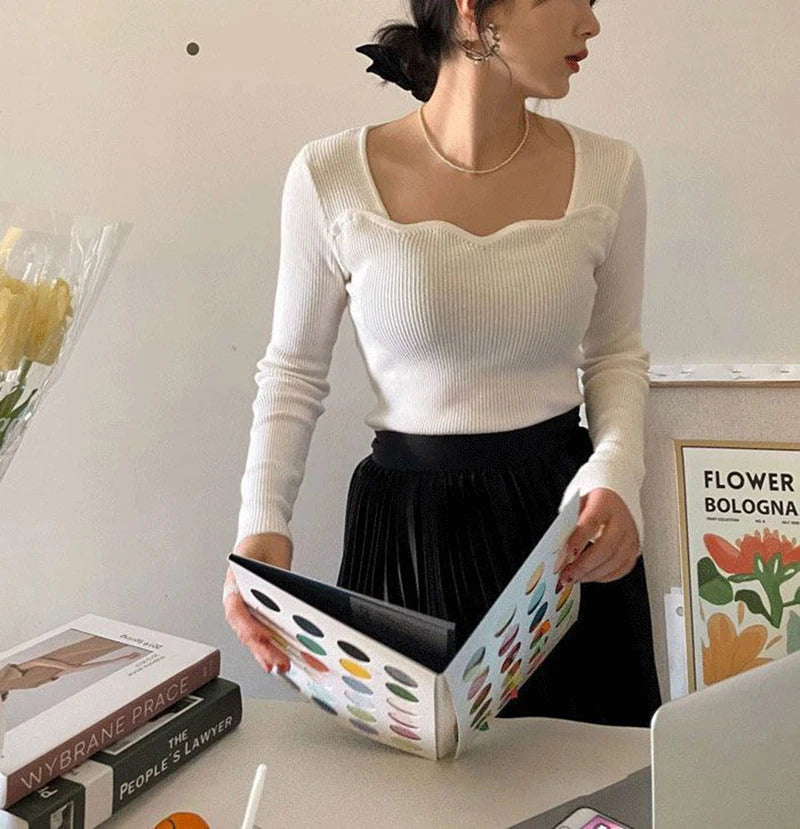 Gestrickte Pullover Frauen Vintage Solide Pullover Herbst Winter Koreanische Elegante Dünne Strickwaren Quadrat Kragen Alle Spiel Jumper Neue.