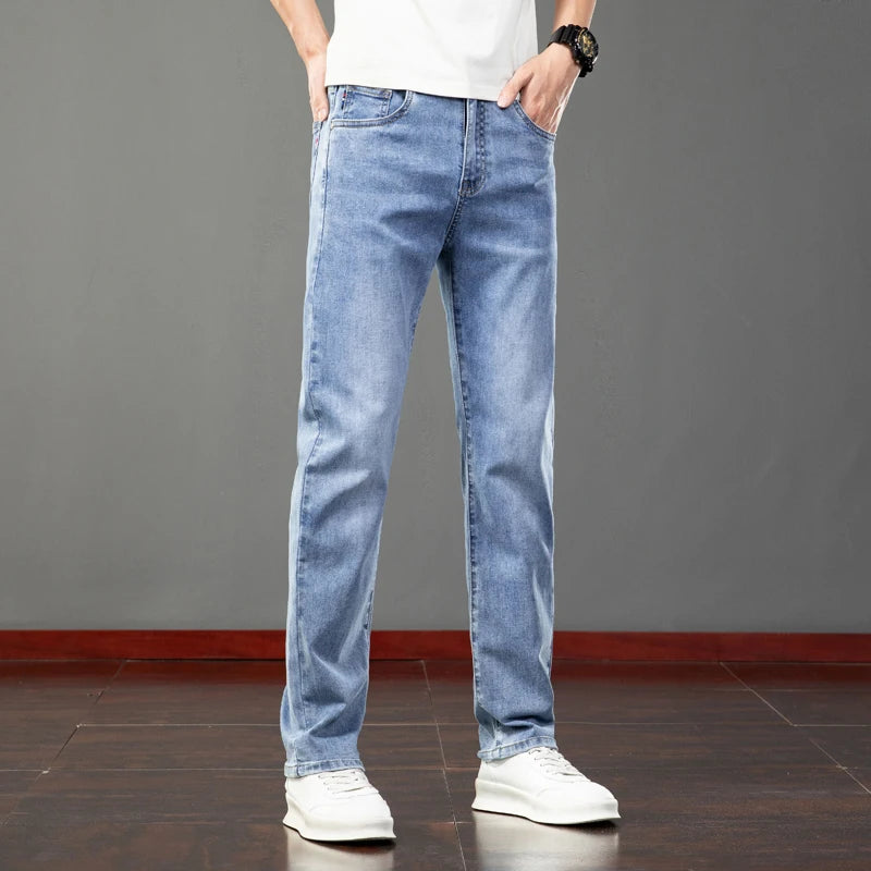 Spring Summer Thin Slim Fit Jeans Mens Elastic Straight Casual Business Denim Pants Washed Classic Brand Clothing Men Trousers.