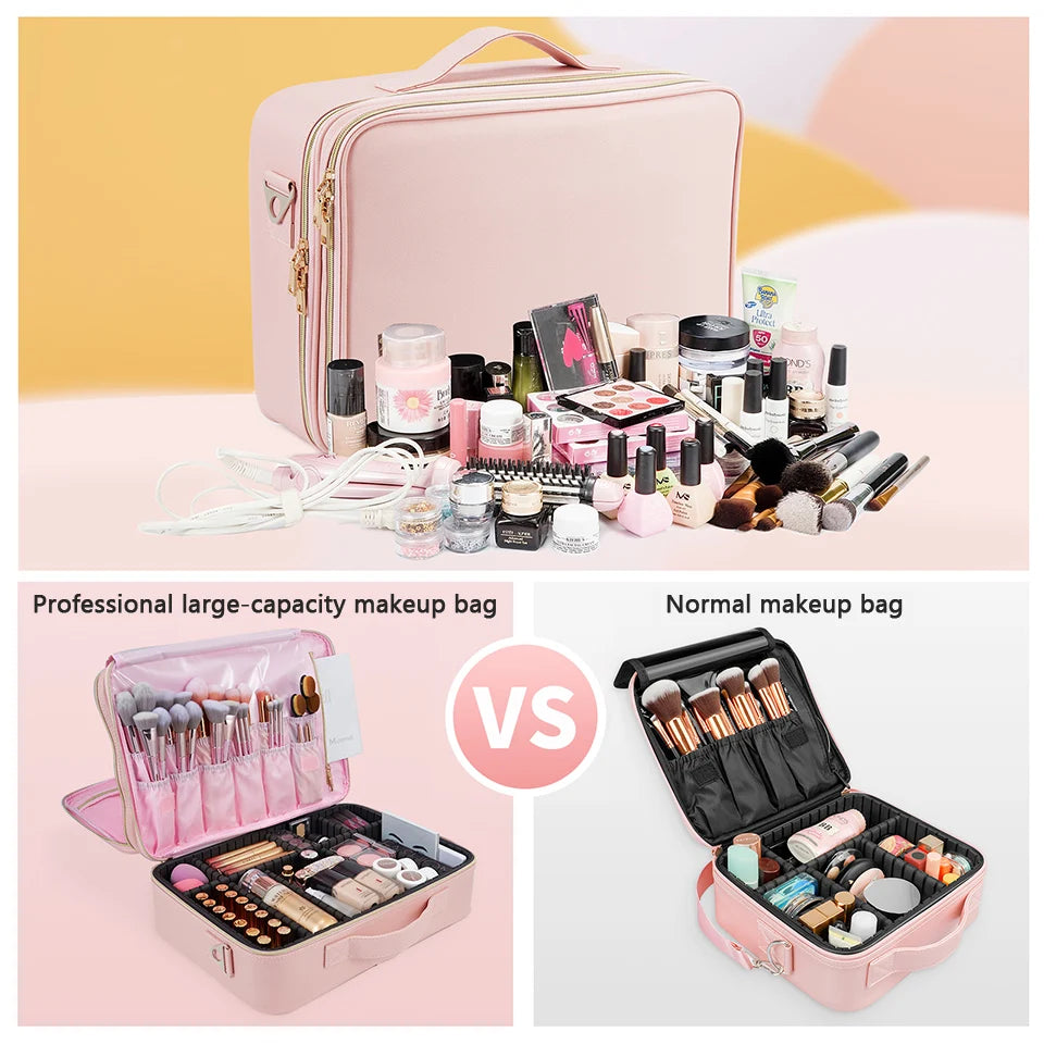 Professional Makeup Bag Extra Large Cosmetic Train Case Make Up Brush Organizer Storage Box Manicure Artist Bags with Dividers.