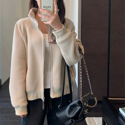 Women Autumn Winter Sweatshirt Coat Zip Up Solid Long Sleeve Stand Neck Jacket Lady Fashion Casual Street Vintage Coats Outwear.