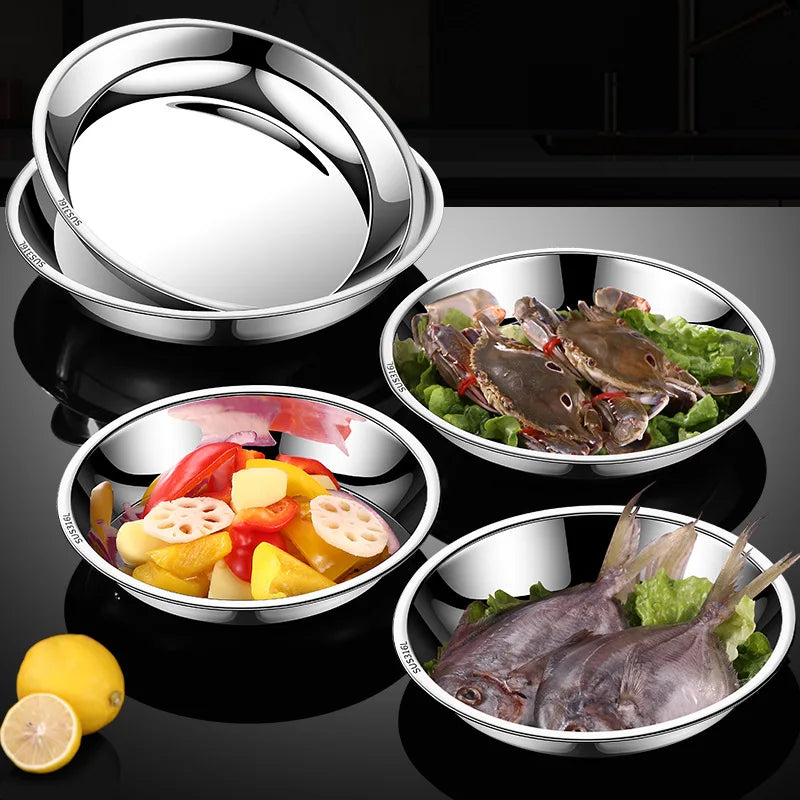 Thick Round 316 Stainless Steel Dinner Plate Food Grade Trays Salad Fruit Meal Pan Kitchen Steak Seafood Flat Cooking Bowls.