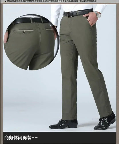 Smart Casual Pure Cotton Anti-Wrinkle High Waist Loose Baggy Straight Thicken Men Spring Autumn Solid Color Mid Casual Pants.