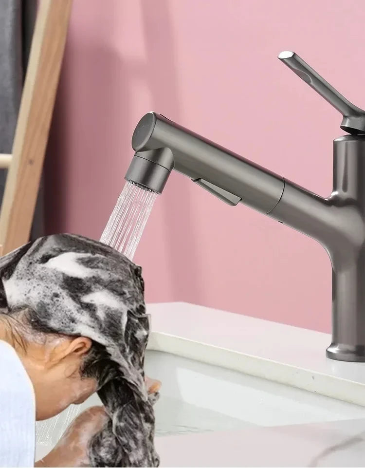 Single Handle Dual Hole Hot Cold Brass Washbasin Faucet 3 Function Stream Sprayer Pull Out Basin Sink Mixer Tap for Bathroom