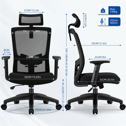 AUTHMIC Ergonomischer Bürostuhl, Netzrückenlehne, verstellbare Armlehnen, Lordosenstütze, drehbarer Schreibtischstuhl für das Heimbüro