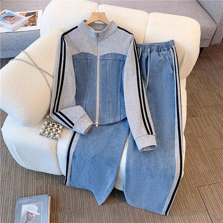 Pant Set Women Two Piece Sets Denim Splice Zipper Matching Sets Casual Coats Wide Leg Long Pants Lace Up Elastic Waist 2025.