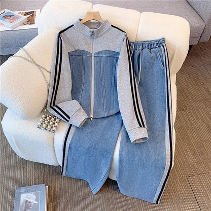 Pant Set Women Two Piece Sets Denim Splice Zipper Matching Sets Casual Coats Wide Leg Long Pants Lace Up Elastic Waist 2025.