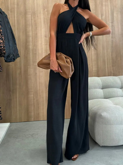 Fashion Sexy Halter Jumpsuit Lady Elegant Sleeveless Hollow High Waist Wide Leg Pants Jumpsuits Women Streetwear Clothes Summer.