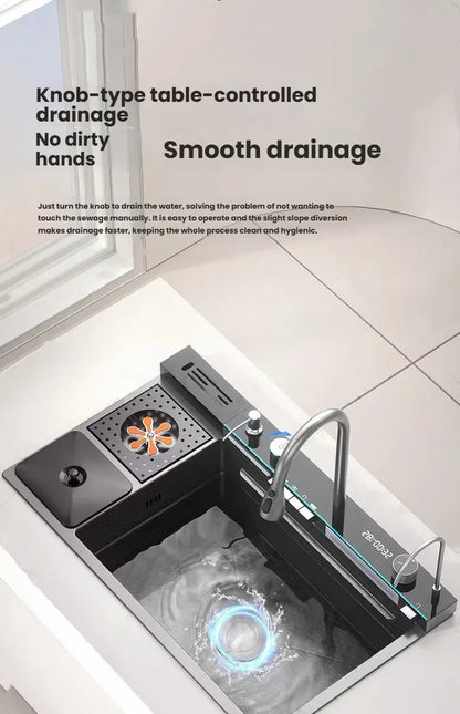 Large Single Slot Waterfall Stainless Steel Kitchen Sink With a Knife Holder and Trash Can Household Vegetable Washer Basin