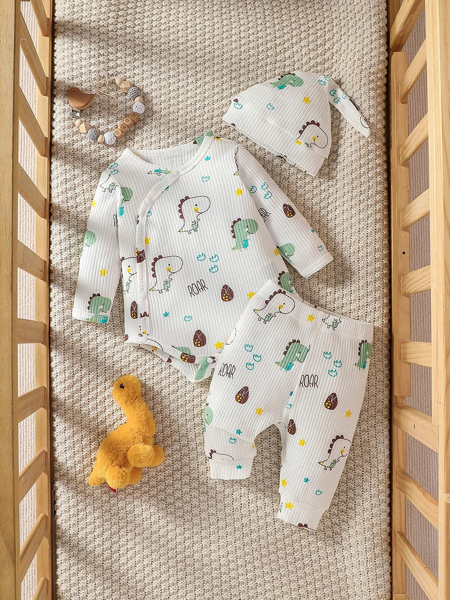 3Pcs Casual Neugeborenen Baby Junge Cartoon Tier Kleidung Set Langarm Body Top und Hosen + Hut.