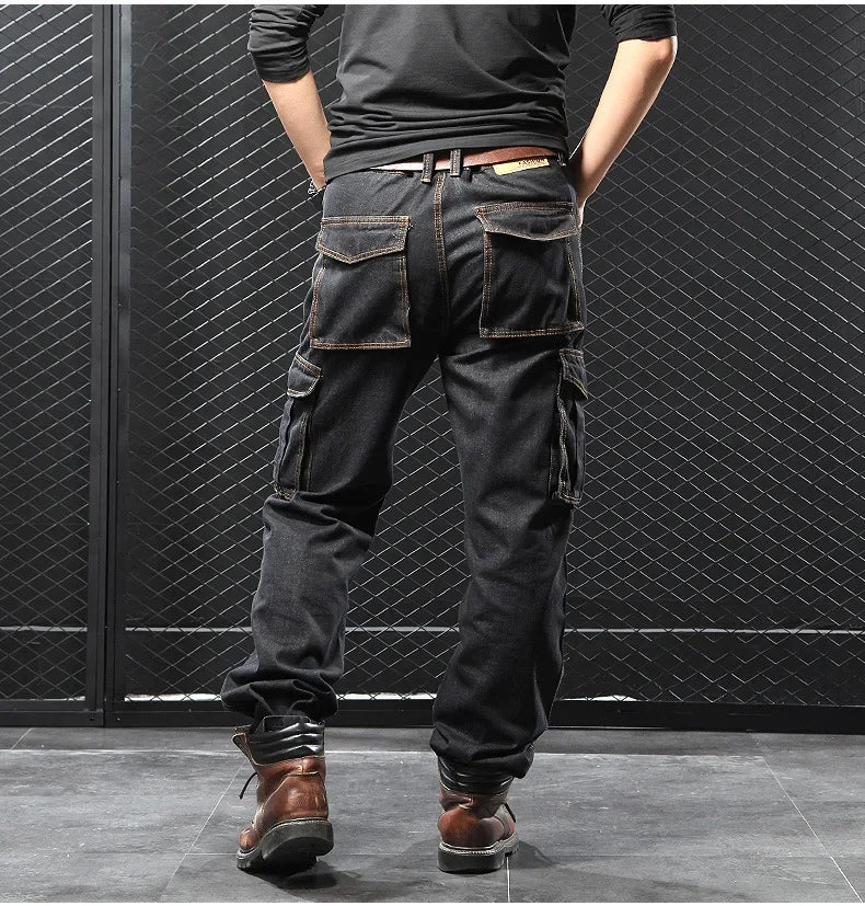 Men's Autumn/Winter Multi-Pocket Straight-Leg Cargo Pants Loose Fit Plus Size Plus Beefy Jeans Casual Comfortable Denim Trousers.