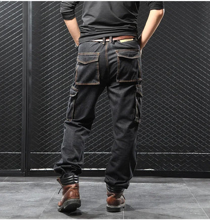 Men's Autumn/Winter Multi-Pocket Straight-Leg Cargo Pants Loose Fit Plus Size Plus Beefy Jeans Casual Comfortable Denim Trousers.