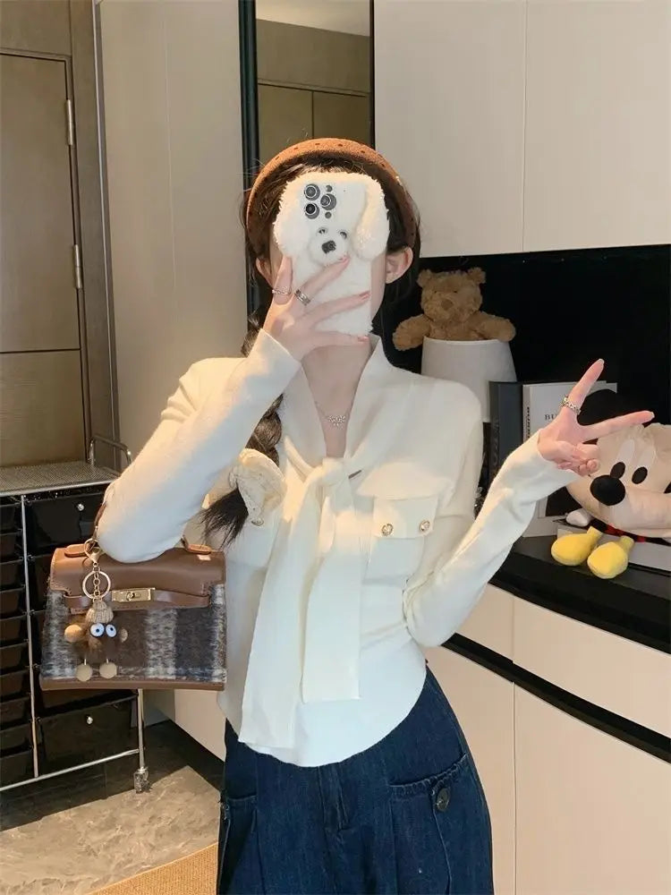 Frauen Frühling Herbst Einfachheit Büro Dame V-ausschnitt Einfarbig Langarm Strickwaren Damen Mode Alle-spiel Temperament Tops.