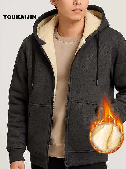 Men's Warm Fleece Hoodie Autumn Winter Sherpa Lined Full-Zip Solid Color Sweatshirt Jacket Coat.