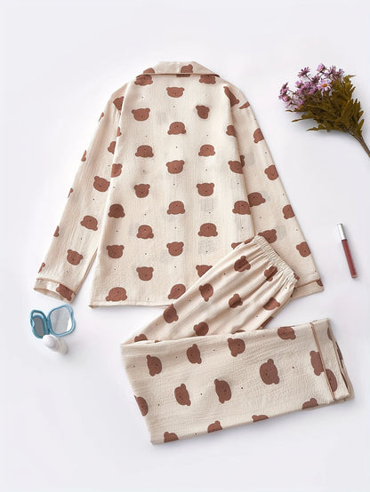 Cozy Bear Print Pajama Set for Women - Long Sleeve, Button-Up Lapel Top & Elastic Waist Pants, Machine Washable, for Autumn.