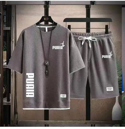 Summer 2025 Men's breathable fitness set, round-neck sports short-sleeved T-shirt + casual running shorts, 2-piece set, M-3XL.