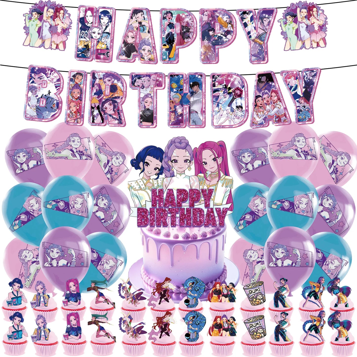 K Pop Dämonenjäger Party Ballon Kind Mädchen Alles Gute zum Geburtstag Party Dekoration Set 1-9. Nummer Ballon Banner Hintergrund Babyparty.