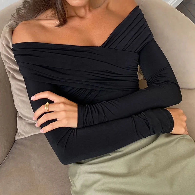 AVV Sexy Cross Pleated Off Shoulder Long Sleeve Skinny Bodysuit Ladies Hot Sexy 2024 One Piece Basic Autumn＆Spring Tops.