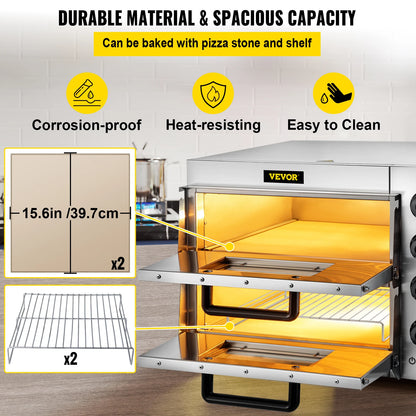 SucceBuy Kommerzieller Pizzaofen auf der Arbeitsplatte, 35,6 cm Doppeldeckschicht, 110 V, 1950 W, elektrischer Pizzaofen aus Edelstahl