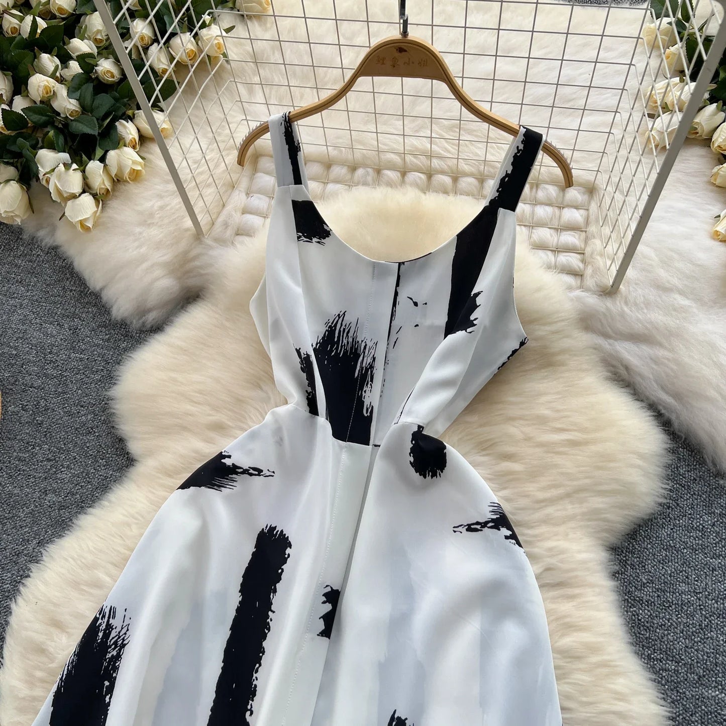 Neue Sommer Druck Süße Kleid Träger O Neck Backless Split Elegante Damen Urlaub Strand Party Midi Sommerkleid