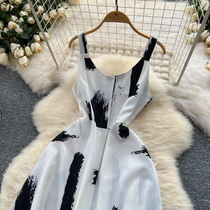 Neue Sommer Druck Süße Kleid Träger O Neck Backless Split Elegante Damen Urlaub Strand Party Midi Sommerkleid