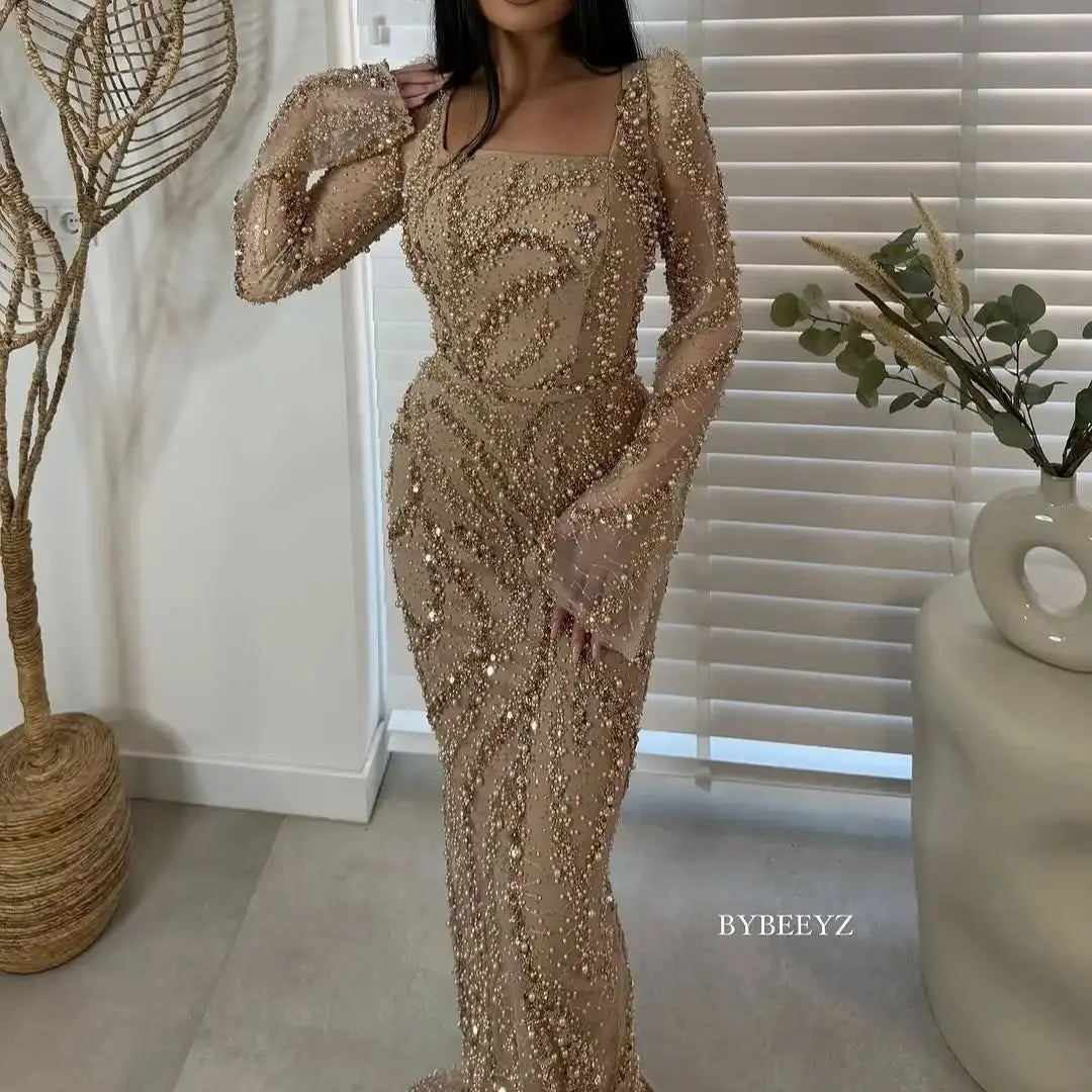 BABYONLINE Maßgeschneidertes Abendkleid All CoPearl Sleeve Full Crystals Etuikleid Abiye.