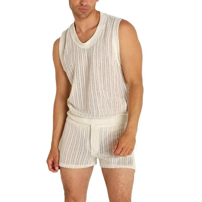 Mens Sets Summer New Wild Solid Color Casual I-shaped Vest Shorts Suit for Men.