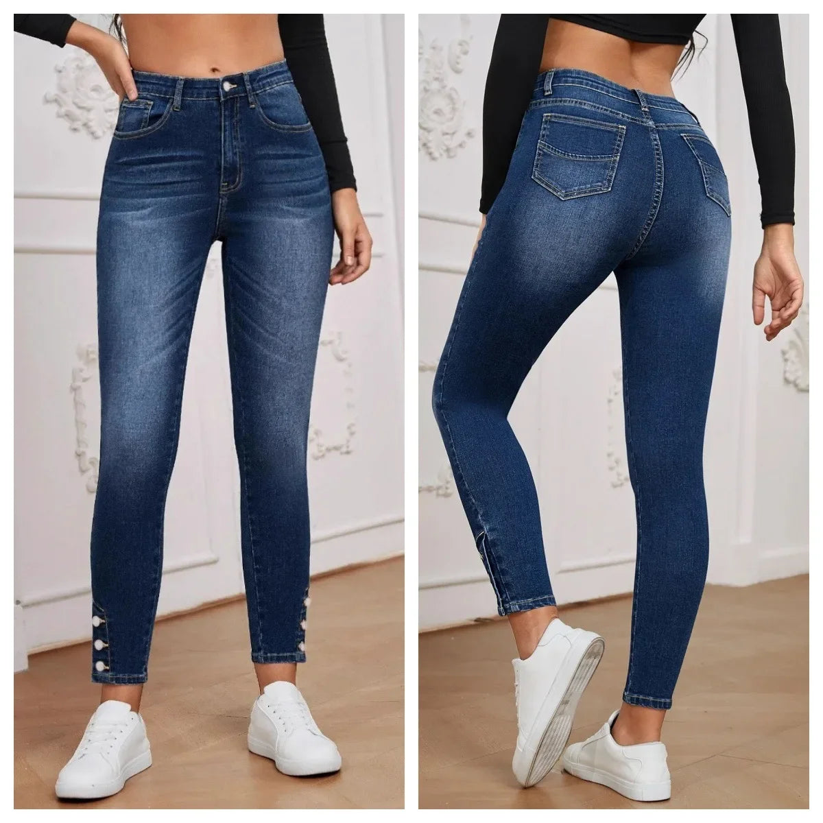 New 2025 Women's Slim Fit Elastic Jeans Nine-Piece Buttoned Bootcut Denim Pants Mid Waist Small Foot/Pencil Jeans.