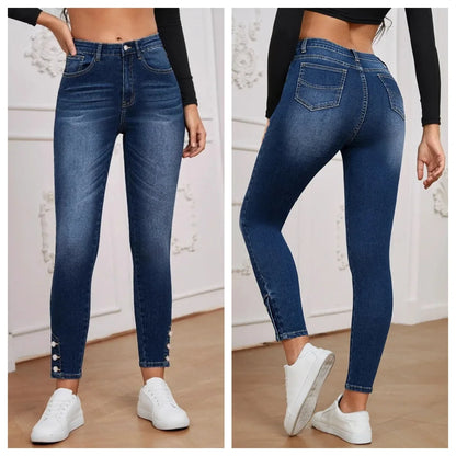 New 2025 Women's Slim Fit Elastic Jeans Nine-Piece Buttoned Bootcut Denim Pants Mid Waist Small Foot/Pencil Jeans.