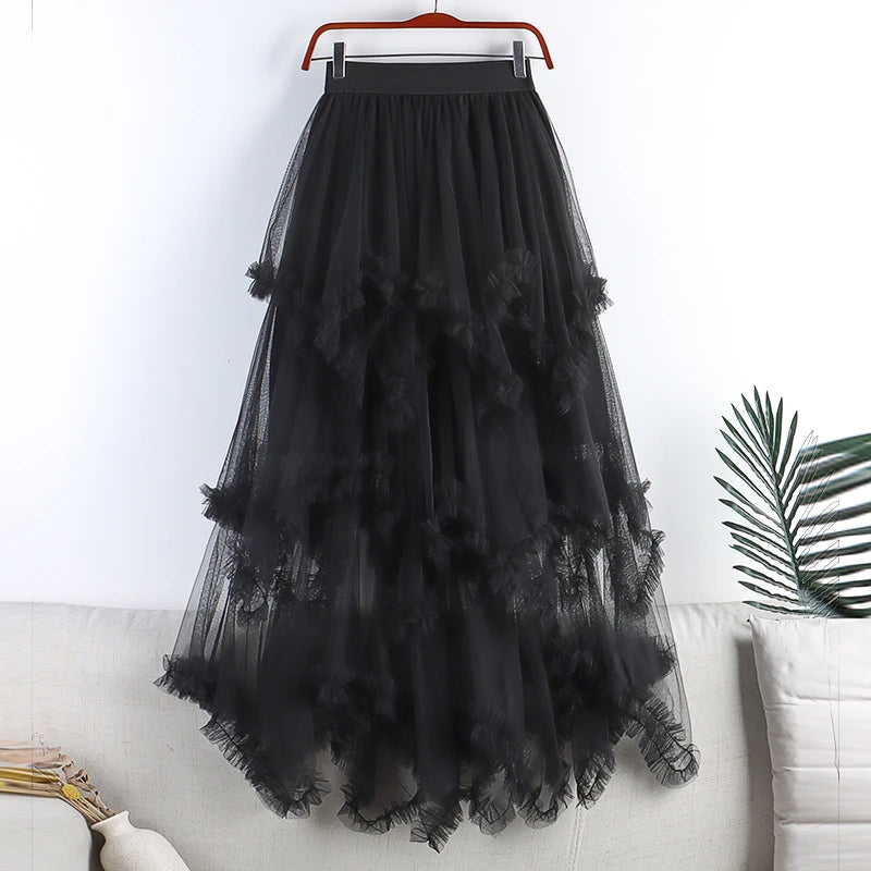 Autumn Winter New 2025 Irregular Cake Tulle Skirt Women Sweet Midi Long High Waist A Line Skirt Female Mesh Party Skirt Lady