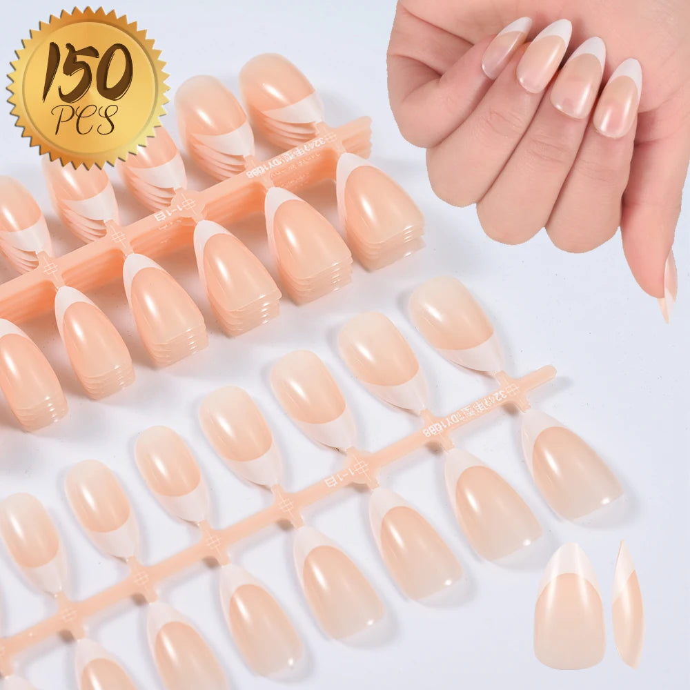 150Pcs Pre-made French False Nails Scarless Coffin Almond Fake Nail Artificial Fingernails Press on Nails for Nail Extension.