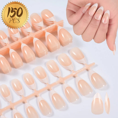 150Pcs Pre-made French False Nails Scarless Coffin Almond Fake Nail Artificial Fingernails Press on Nails for Nail Extension.