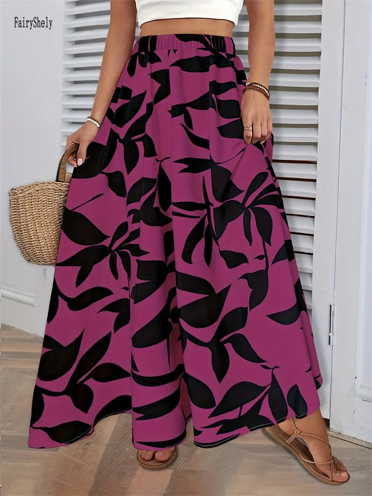 Fairyshely Casual Leaf Print Long Skirt For Women 2025 Summer Ruffle High Waist Maxi Skirt Ladies Elegant A line Pleated Skirt.